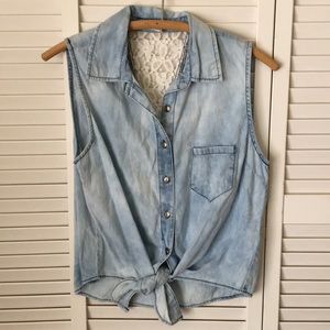 Denim and lace bleached front tie shirt by Mine. M